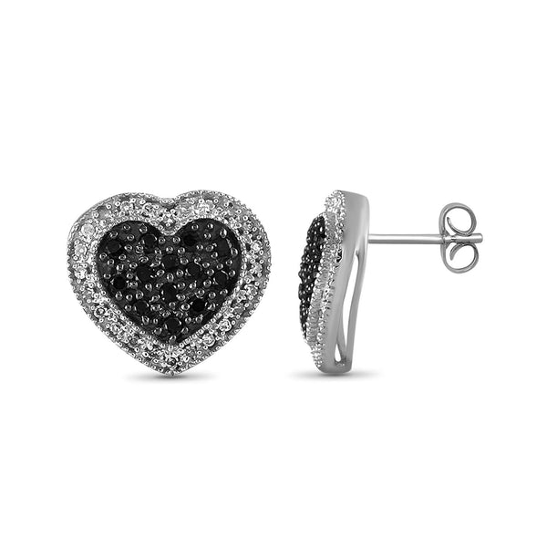 1/2 Carat Black & White Diamond Heart Earrings in Sterling Silver