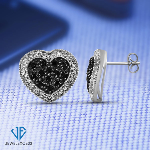 1/2 Carat Black & White Diamond Heart Earrings in Sterling Silver