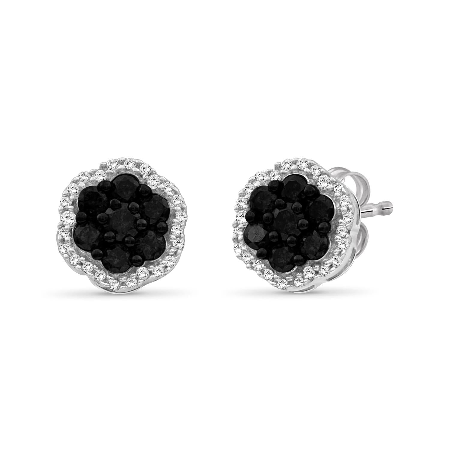 1.00 Carat Black & White Diamond Cluster Earrings in Sterling Silver