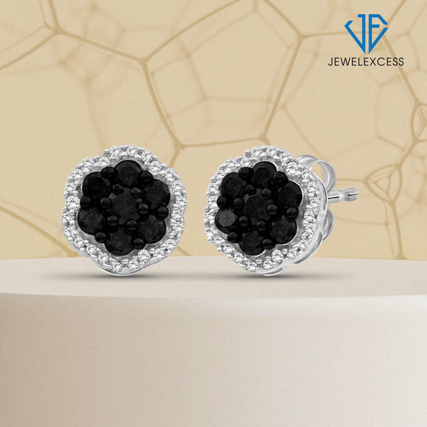1.00 Carat Black & White Diamond Cluster Earrings in Sterling Silver