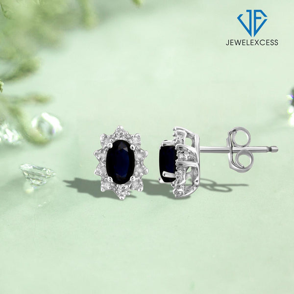 0.60 Carat Sapphire & Accent White Diamond Earrings in Sterling Silver Or 14K Gold-Plated