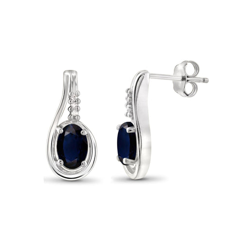 0.60 CTW Sapphire and Accent White Diamonds Earrings – Sterling Silver| Hypoallergenic s for Women - Oval Cut Set with Push Backs
