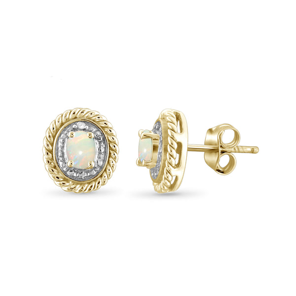 0.20 Carat T.G.W. Opal Gemstone and White Diamond Accent 14K Gold-Plated Stud Earrings