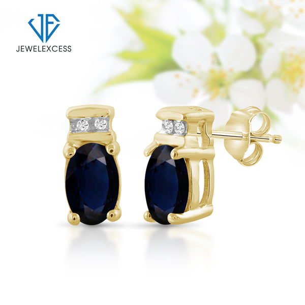 1.34 Carat Sapphire Gemstone and Accent White Diamond 14K Gold-Plated Stud Earrings