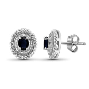 0.46 Ctw Sapphire Gemstone and Accent White Diamond Sterling Silver Earrings