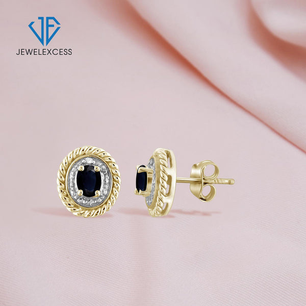 0.60 Carat Genuine Sapphire and Accent White Diamond stud Earrings in 14k Gold over Silver