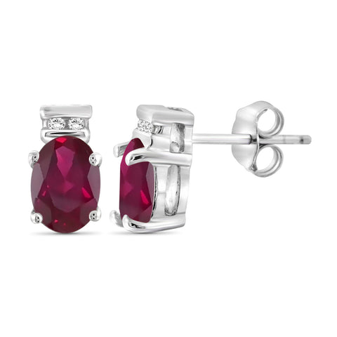0.96 Carat Ruby Gemstone and 1/20 Carat White Diamond Sterling Silver Earrings