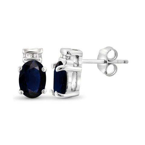 1.34 Carat Sapphire Gemstone and 1/20 Carat White Diamond Sterling Silver Earrings