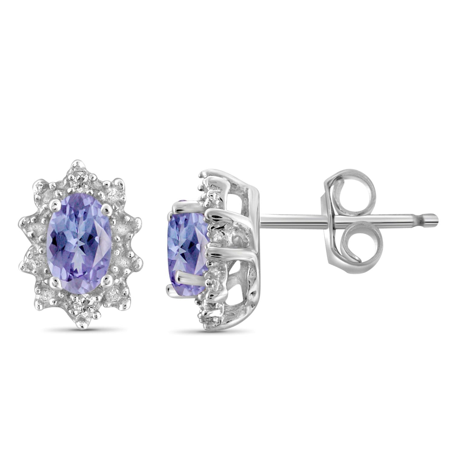 0.44 Carat Genuine Tanzanite and Accent White Diamond Halo stud Earrings in Sterling Silver