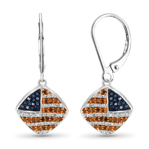 1/3 Carat Multi Color Diamond American Flag Dangle Earrings in Sterling Silver