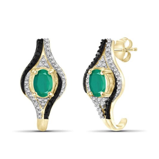 3/4 ct. T.G.W. Emerald Hoop Earrings with Black & White Diamond Accent in 14K Gold over Silver