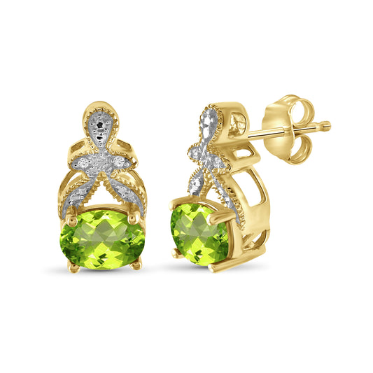 1 1/2 ct. T.G.W. Peridot Stud Earrings with Diamond Accent in 14K Gold over Silver