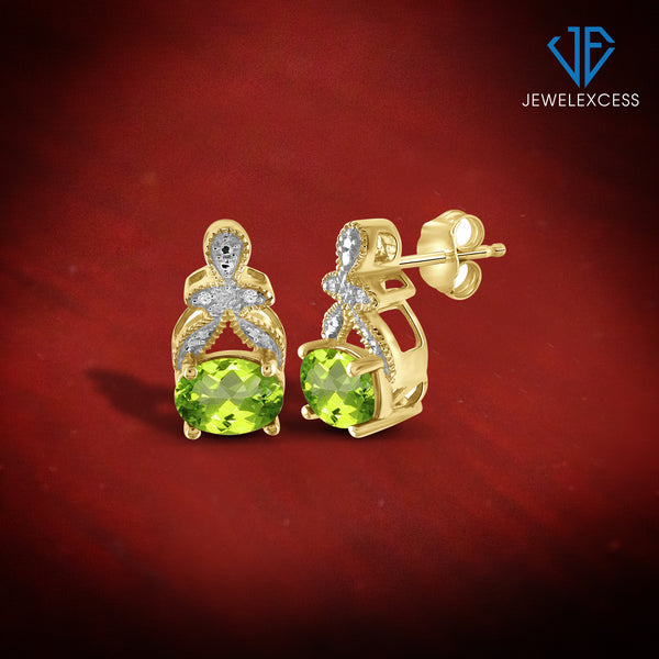 1 1/2 Carat T.G.W. Peridot And White Diamond Accent 14K Gold-Plated Stud Earrings