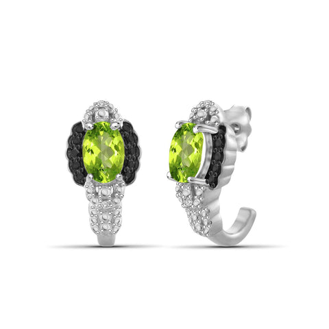 1.00 Carat T.G.W. Peridot And Black & White Diamond Accent Sterling Silver J Hoop Earrings
