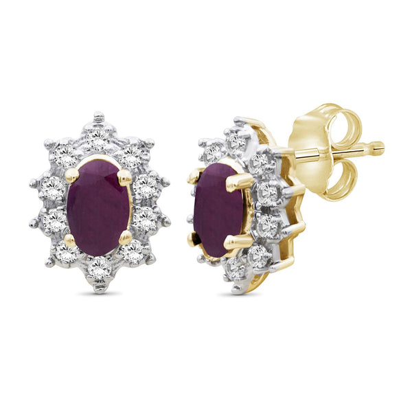 0.65 Carat Genuine Ruby and White Topaz stud Earrings in 14k Gold Over Silver
