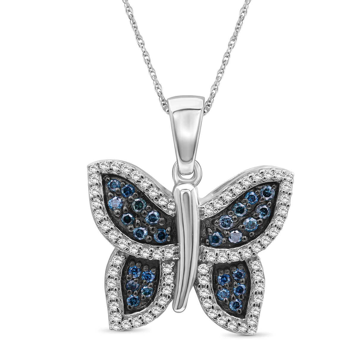 Blue & White Diamond Butterfly Pendant in Sterling Silver