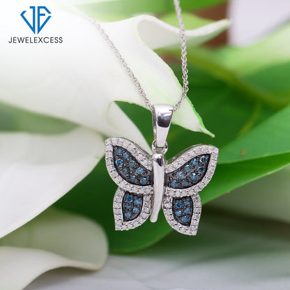 Blue & White Diamond Butterfly Pendant in Sterling Silver