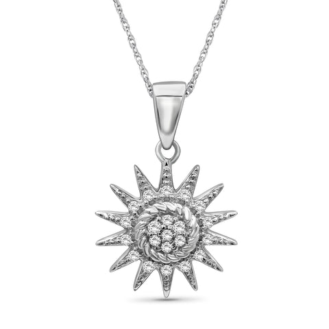 Diamond Sun Necklace for Women – .925 Sterling Silver Sun Pendant Necklace – Genuine White Diamond Jewelry – Sun Charm Birthday Gifts