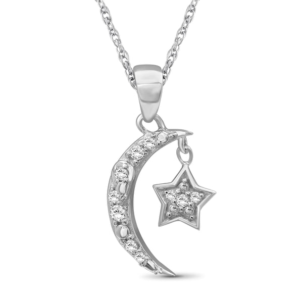 Star and Crescent Moon Necklace – White Diamond Moon and Star Jewelry – .925 Sterling Silver Necklace for Women – Star and Crescent Moon Design– Christmas Gifts for Her
