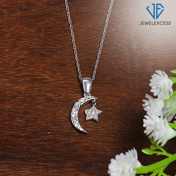 Star and Crescent Moon Necklace – White Diamond Moon and Star Jewelry – .925 Sterling Silver Necklace for Women – Star and Crescent Moon Design– Christmas Gifts for Her