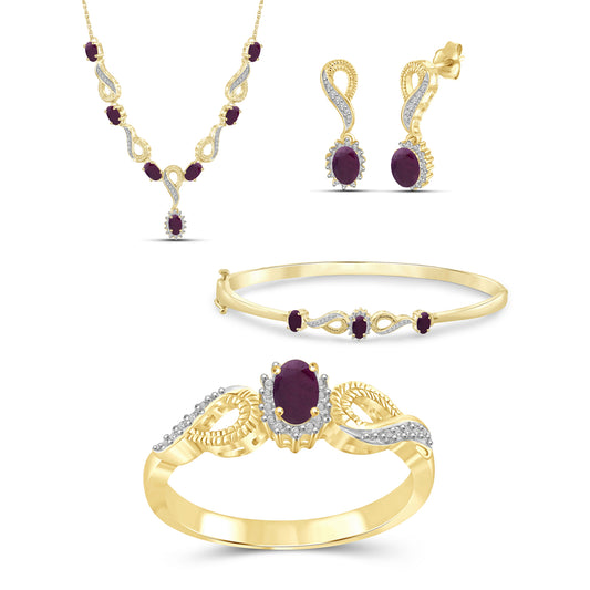 3.35 ct. T.G.W. Ruby & 1/7 ct. T.W. White Diamond 4-Piece Jewelry Set in 14K Gold over Silver
