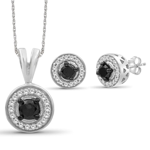 2-Piece 1/2 Carat Black & White Diamond Sterling Silver Earrings Set, Sterling Silver Necklace, – Halo Shaped Jewelry – Jewelry Sets for Women