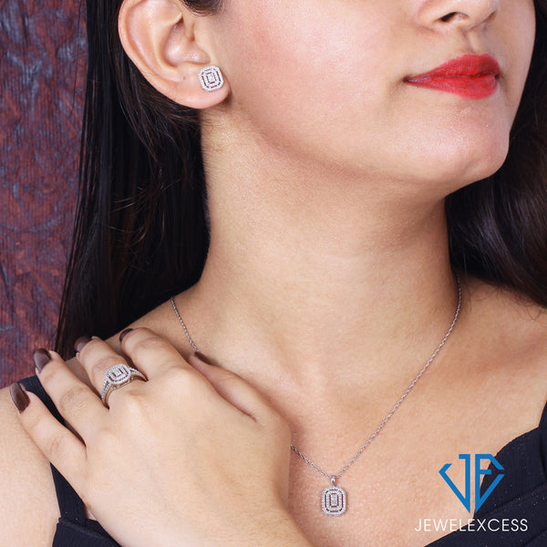 3-Piece White Diamond Sterling Silver Earrings Set, Sterling Silver Necklace, Sterling Silver Rings – Octagon Shaped Jewelry – Jewelry Sets for Women
