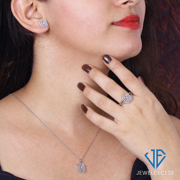 3-Piece White Diamond Sterling Silver Earrings Set, Sterling Silver Necklace, Sterling Silver Rings – Octagon Shaped Jewelry – Jewelry Sets for Women