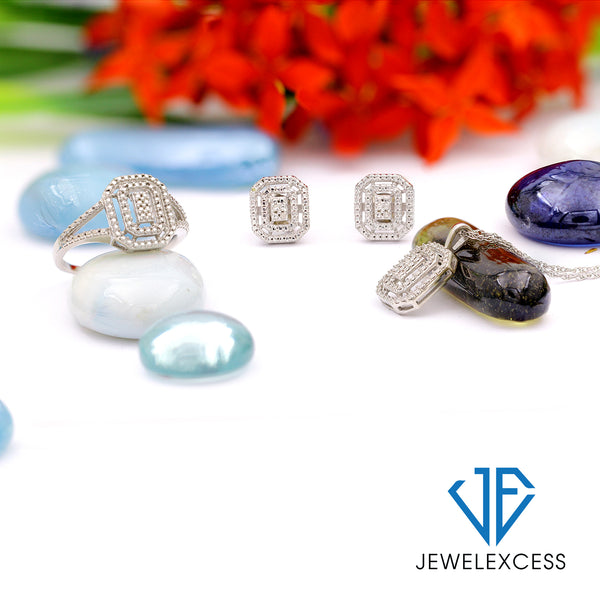 3-Piece White Diamond Sterling Silver Earrings Set, Sterling Silver Necklace, Sterling Silver Rings – Heart Shaped Jewelry – Jewelry Sets for Women