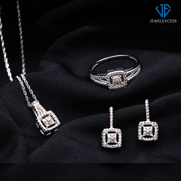3-Piece White Diamond Sterling Silver Earrings Set, Sterling Silver Necklace, Sterling Silver Rings – Square Shaped Jewelry – Jewelry Sets for Women