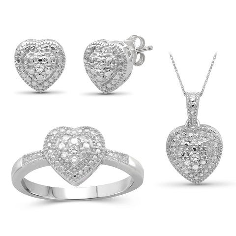 3-Piece White Diamond Sterling Silver Earrings Set, Sterling Silver Necklace, Sterling Silver Rings – Heart Shaped Jewelry – Jewelry Sets for Women