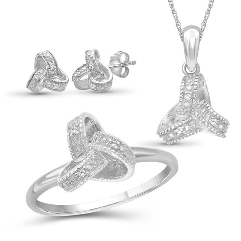 3-Piece White Diamond Sterling Silver Earrings Set, Silver Necklace, Sterling Silver Ring – Love Knot Shaped Jewelry – Jewelry Sets for Women
