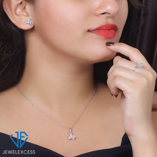 3-Piece White Diamond Sterling Silver Earrings Set, Silver Necklace, Sterling Silver Ring – Love Knot Shaped Jewelry – Jewelry Sets for Women