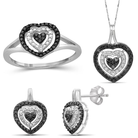 3-Piece Black & White Diamond Sterling Silver Earrings Set, Sterling Silver Necklace, Sterling Silver Rings – Heart Shaped Jewelry – Jewelry Sets for Women – Birthday Gifts by JEWELEXCESS