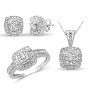 3-Piece 1/3 Carat White Diamond Sterling Silver Earrings Set, Sterling Silver Necklace, Sterling Silver Rings – Square Shaped Jewelry