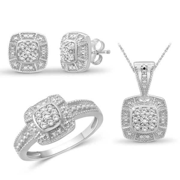 3-Piece 1/3 Carat White Diamond Sterling Silver Earrings Set, Sterling Silver Necklace, Sterling Silver Rings – Square Shaped Jewelry