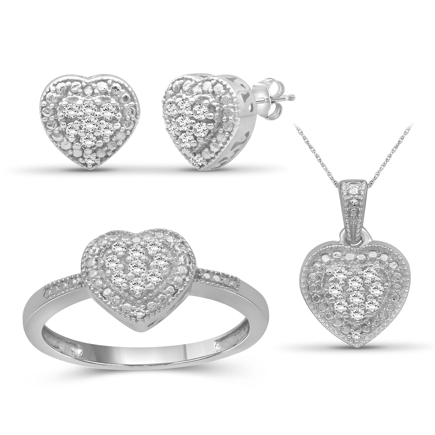 3-Piece 1/3 Carat White Diamond Sterling Silver Earrings Set, Sterling Silver Necklace, Sterling Silver Rings – Heart Shaped Jewelry
