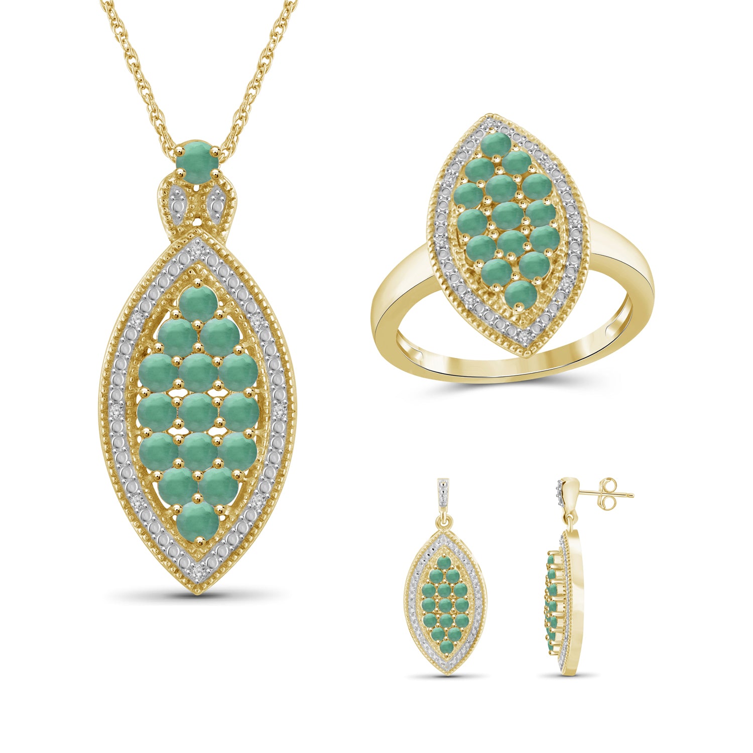 4.00 Carat T.G.W. Emerald And 1/10 Carat White Diamond 14K Gold-Plated 3-Piece Marquise Jewelry Set
