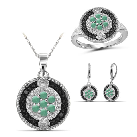1 1/2 Carat T.G.W. Emerald And Black & White Diamond Accent Sterling Silver 3-Piece Jewelry Set
