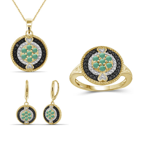 1 1/2 Carat T.G.W. Emerald And Black & White Diamond Accent 14K Gold-plated 3-Piece Jewelry Set
