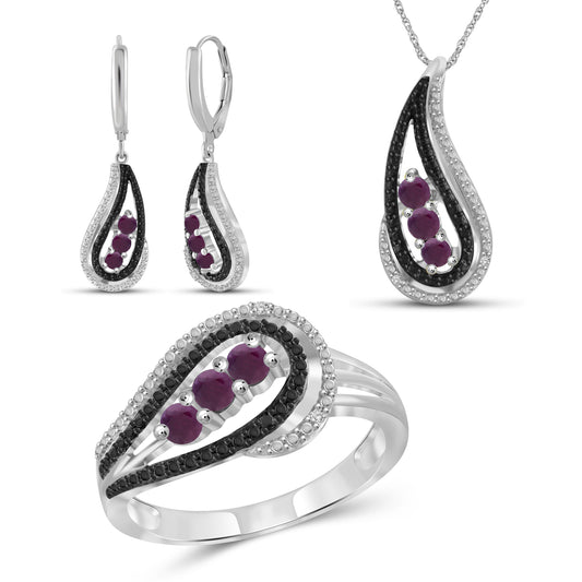 1 3/4 ct. T.G.W. Ruby Cluster 3-Piece Jewelry Set with Black & White Diamond Accent in Sterling Silver