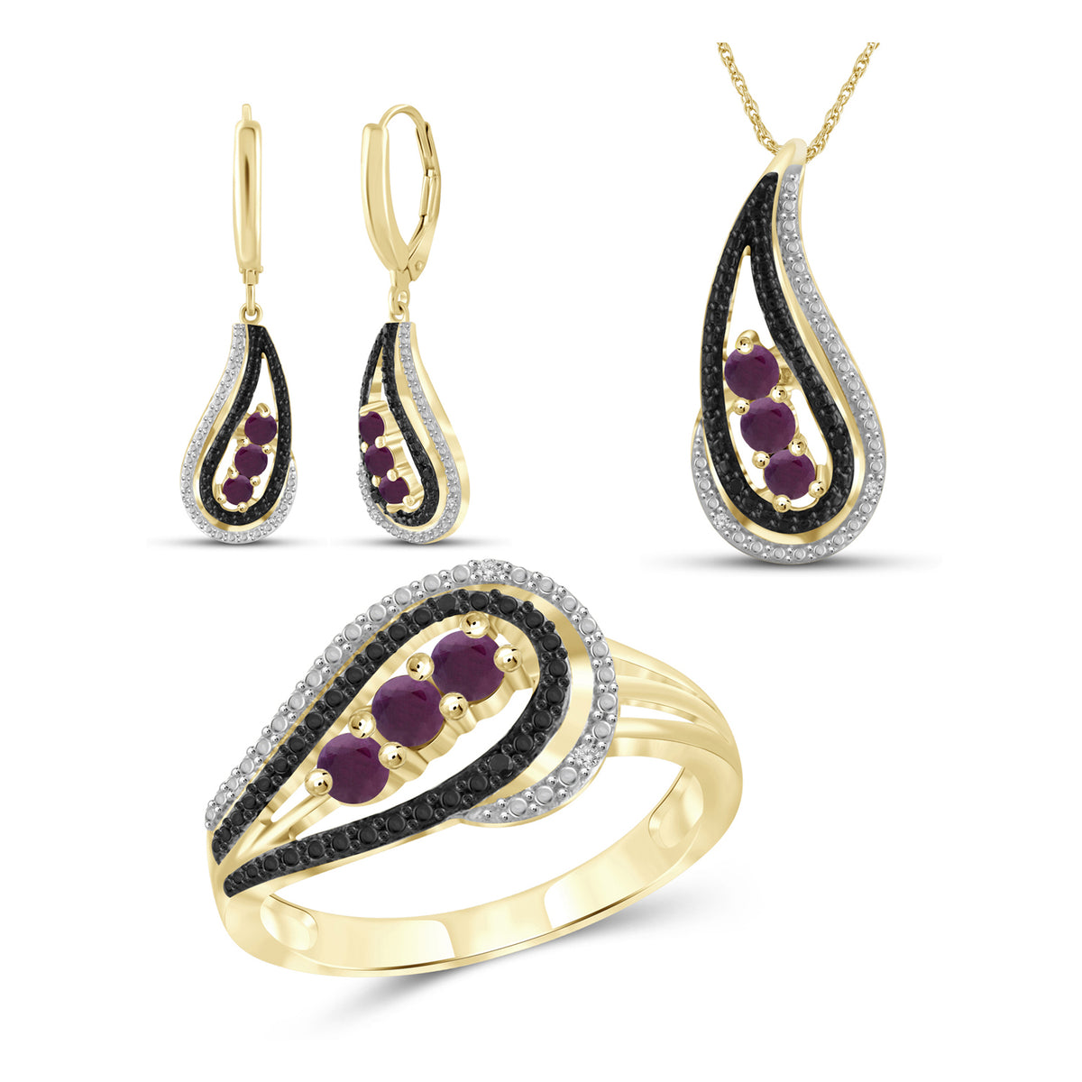 1 3/4 ct. T.G.W. Ruby & 1/20 ct. T.W. Black & White Diamond Cluster 3-Piece Jewelry Set in 14K Gold over Silver
