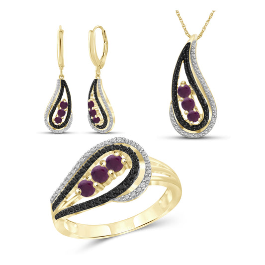 1 3/4 ct. T.G.W. Ruby & 1/20 ct. T.W. Black & White Diamond Cluster 3-Piece Jewelry Set in 14K Gold over Silver