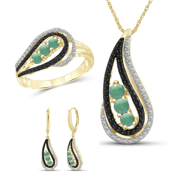 1.00 Carat T.G.W. Emerald And Black & White Diamond Accent 14K Gold-Plated 3-Piece Jewelry Set
