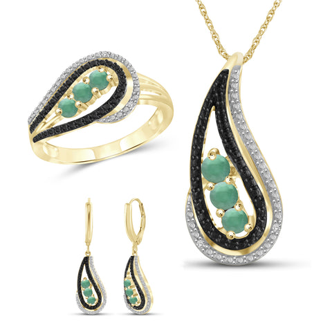 1.00 Carat T.G.W. Emerald And Black & White Diamond Accent 14K Gold-Plated 3-Piece Jewelry Set