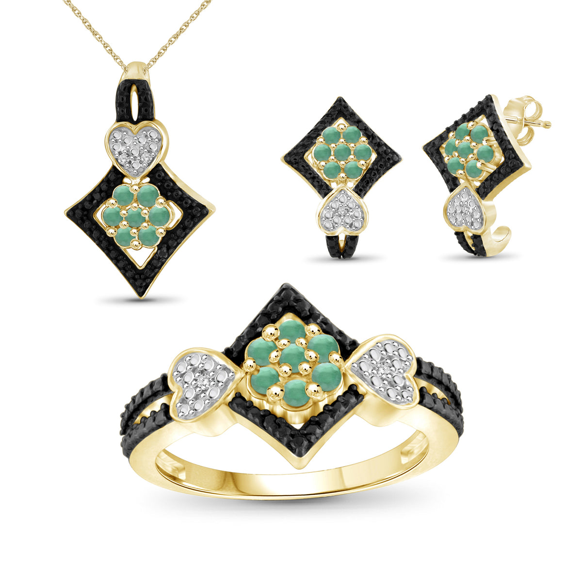 1 1/2 ct. T.G.W. Emerald 3-Piece Jewelry Set with Black & White Diamond Accent in 14K Gold over Silver