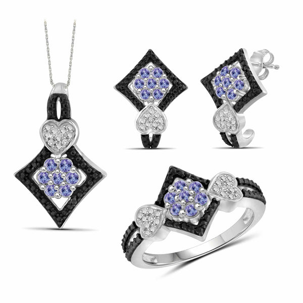1.00 Carat T.G.W. Tanzanite And Black & White Diamond Accent Sterling Silver 3-Piece Jewelry set