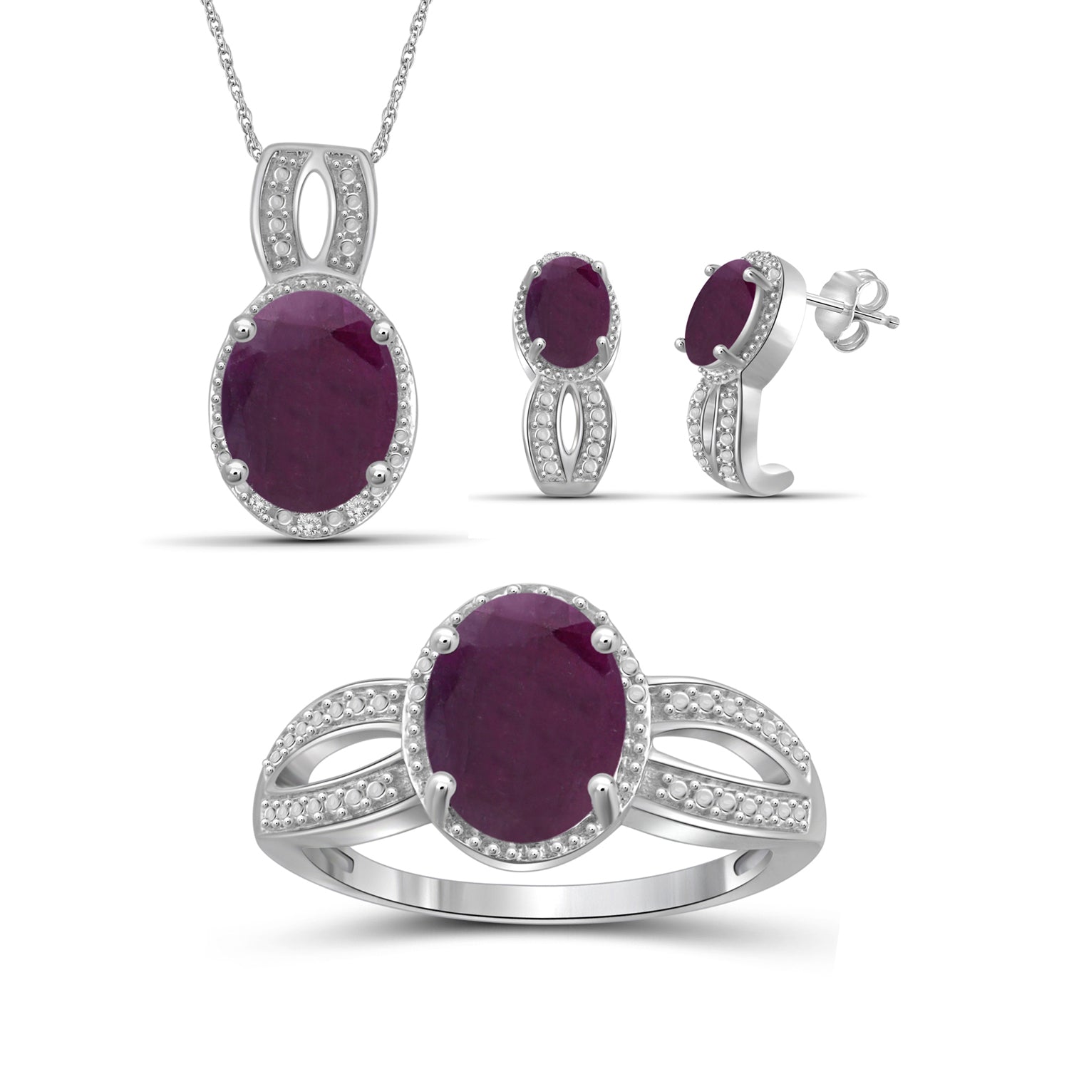 10.00 Carat T.G.W. Ruby And 1/20 Carat White Diamond Sterling Silver 3-Piece Jewelry set