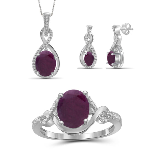 5.45 ct. T.G.W. Ruby & 1/20 ct. T.W. White Diamond 3-Piece Jewelry Set in Sterling Silver