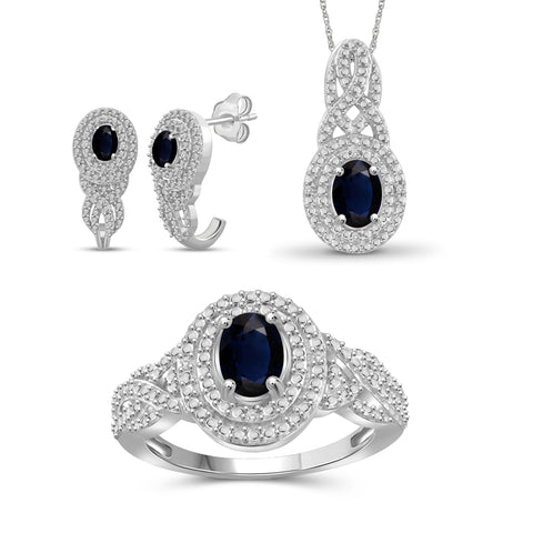 2.75 CTW Sapphire & 1/20 Carat White Diamond Sterling Silver 3-Piece Jewelry set